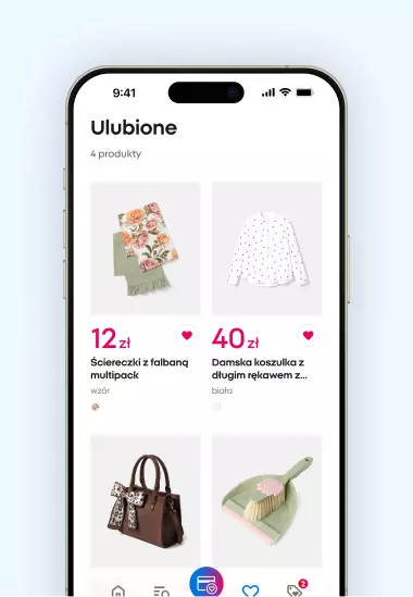 Ekran telefonu pokazujący sklep Ulubione z czterema produktami: szalik w kwiaty, biała bluzka, brązowa torebka i zestaw do sprzątania.