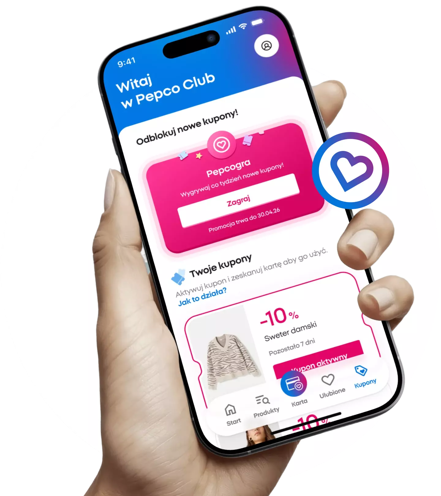 Smartfon trzymany w dłoni pokazujący aplikację Pepco Club z kuponami promocyjnymi i rabatem 10% na sweter damski.