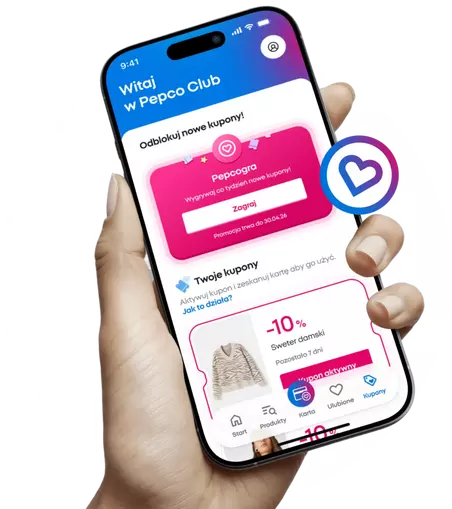 Smartfon trzymany w dłoni pokazujący aplikację Pepco Club z kuponami promocyjnymi i rabatem 10% na sweter damski.