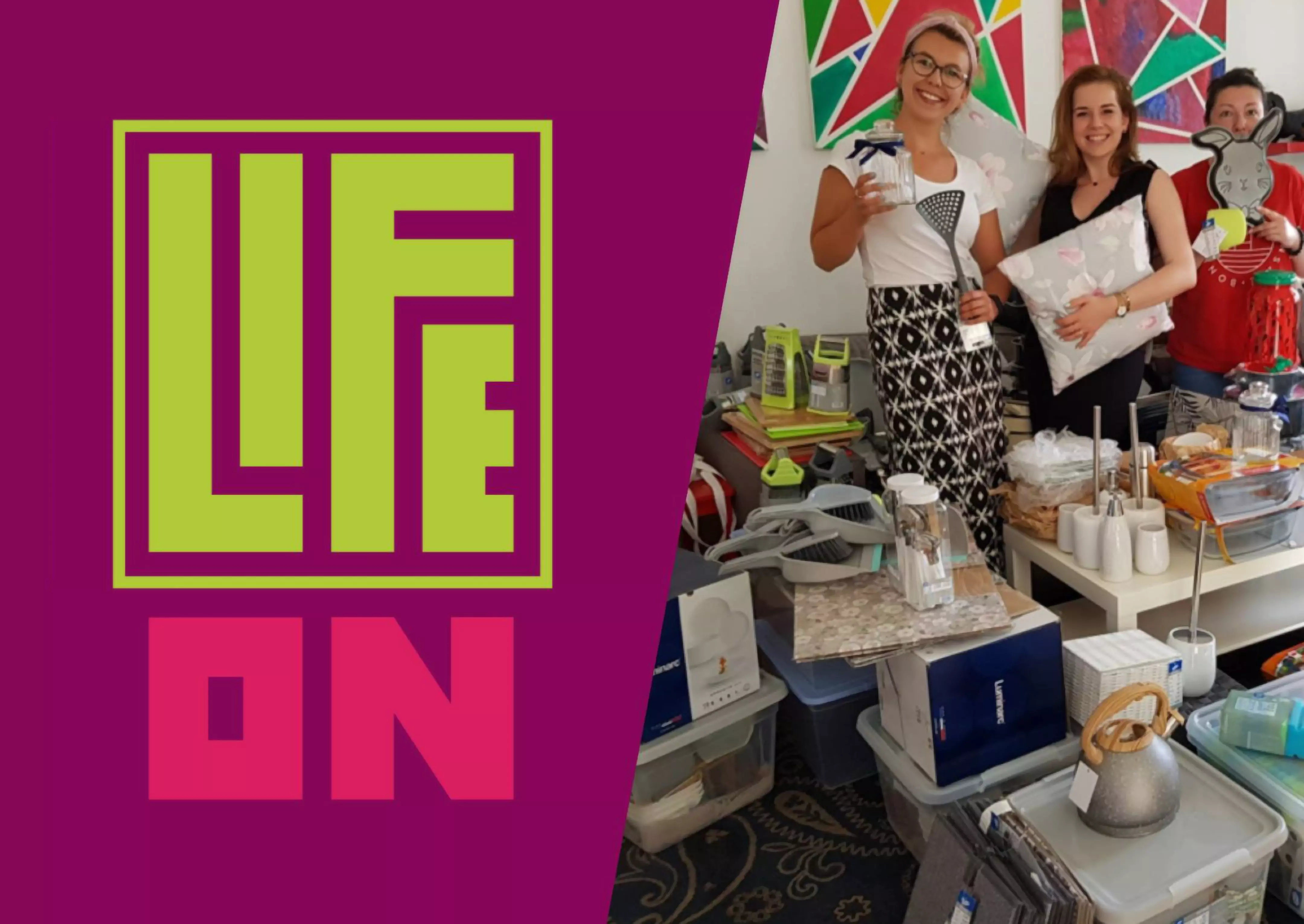 People at a Pepco event with LIFE ON logo, surrounded by various home products and decorative items on display tables.