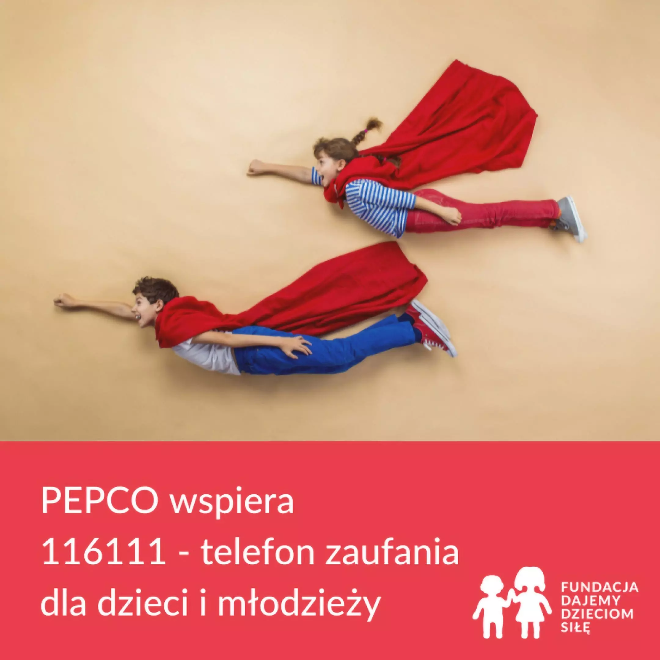 Children wearing red superhero capes flying against beige background. Pepco supports 116111 helpline for children and youth.