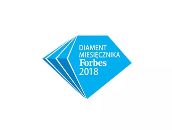 Niebieski diament z napisem "DIAMENT MIESIĘCZNIKA Forbes 2018" - nagroda przyznana marce Pepco.