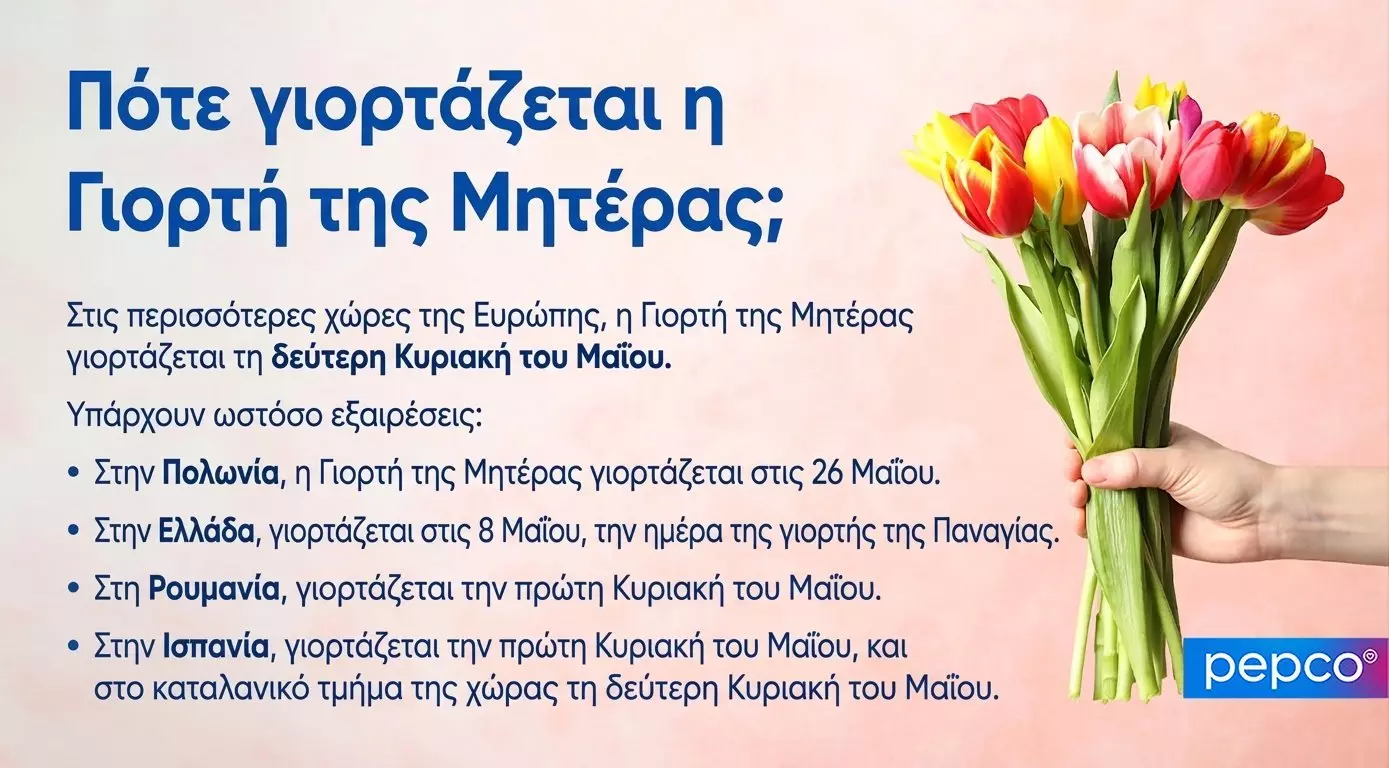 Χέρι κρατά μπουκέτο με κόκκινες και κίτρινες τουλίπες δίπλα σε κείμενο για τη Γιορτή της Μητέρας.