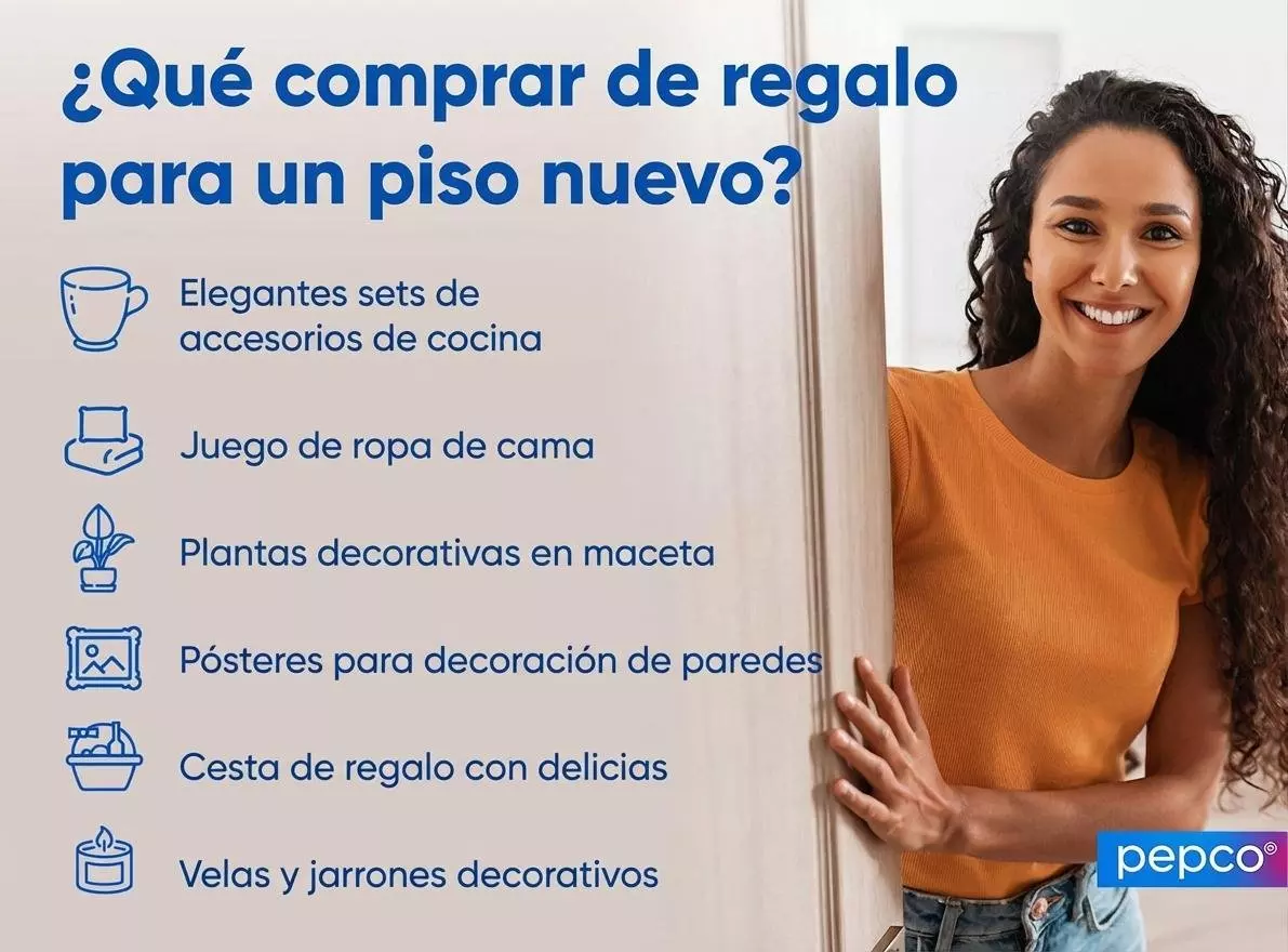 Mujer sonriente junto a lista de ideas de regalo para piso nuevo con logo de Pepco.
