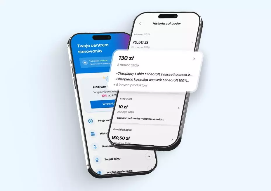 Aplikacja mobilna Pepco wyświetlająca historię zakupów i centrum sterowania na dwóch smartfonach.