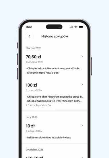 Telefon z aplikacją mobilną Pepco pokazujący historię zakupów z datami i kwotami transakcji.