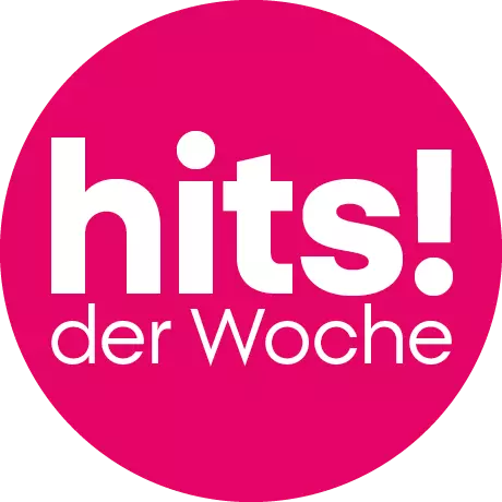 Pinkes rundes Logo mit weißem Text "hits! der Woche".