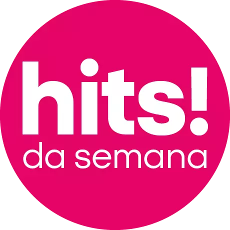 Logótipo circular rosa com texto branco "hits! da semana".