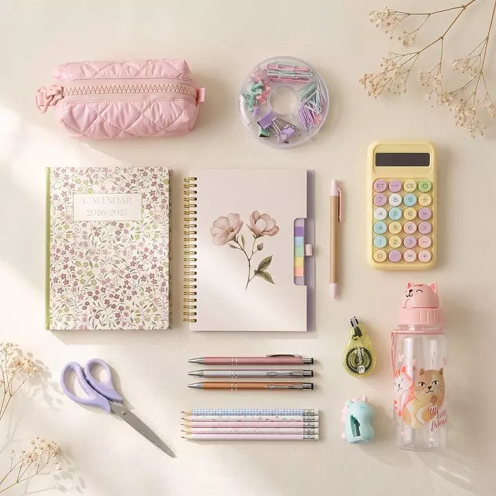 Set complet de papetărie Pepco cu calendar, pixuri, calculator și accesorii în culori pastel.