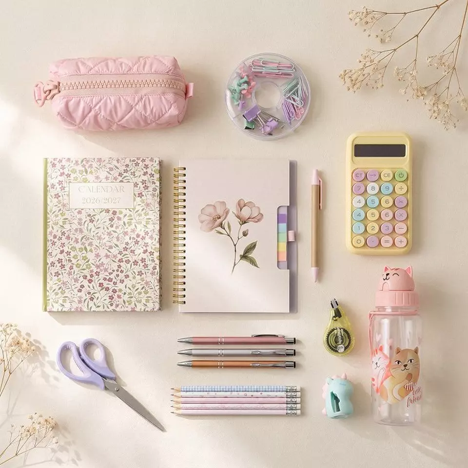 Set complet de papetărie Pepco cu calendar, pixuri, calculator și accesorii în culori pastel.