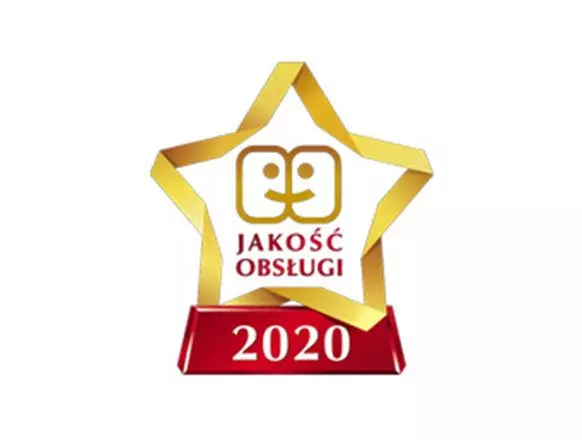 Pepco award trophy with gold star shape featuring "JAKOŚĆ OBSŁUGI 2020" text for service quality recognition.