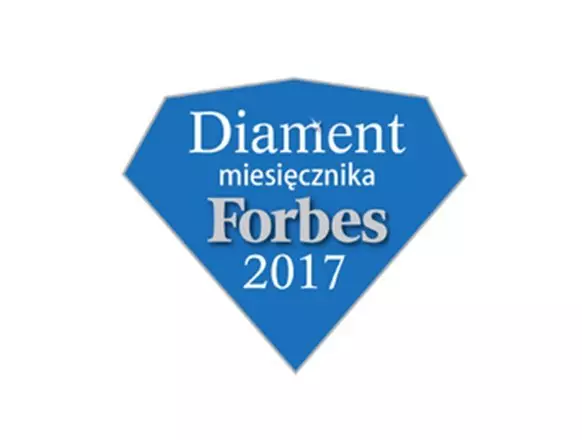 Niebieska odznaka w kształcie diamentu z napisem "Diament miesięcznika Forbes 2017" przyznana marce Pepco.