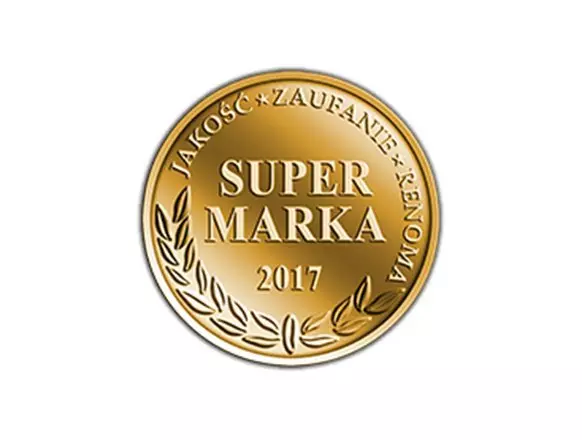 Złoty medal nagrody Super Marka 2017 dla Pepco z napisami "JAKOŚĆ, ZAUFANIE, RENOMA" i dekoracyjnym wieńcem laurowym.