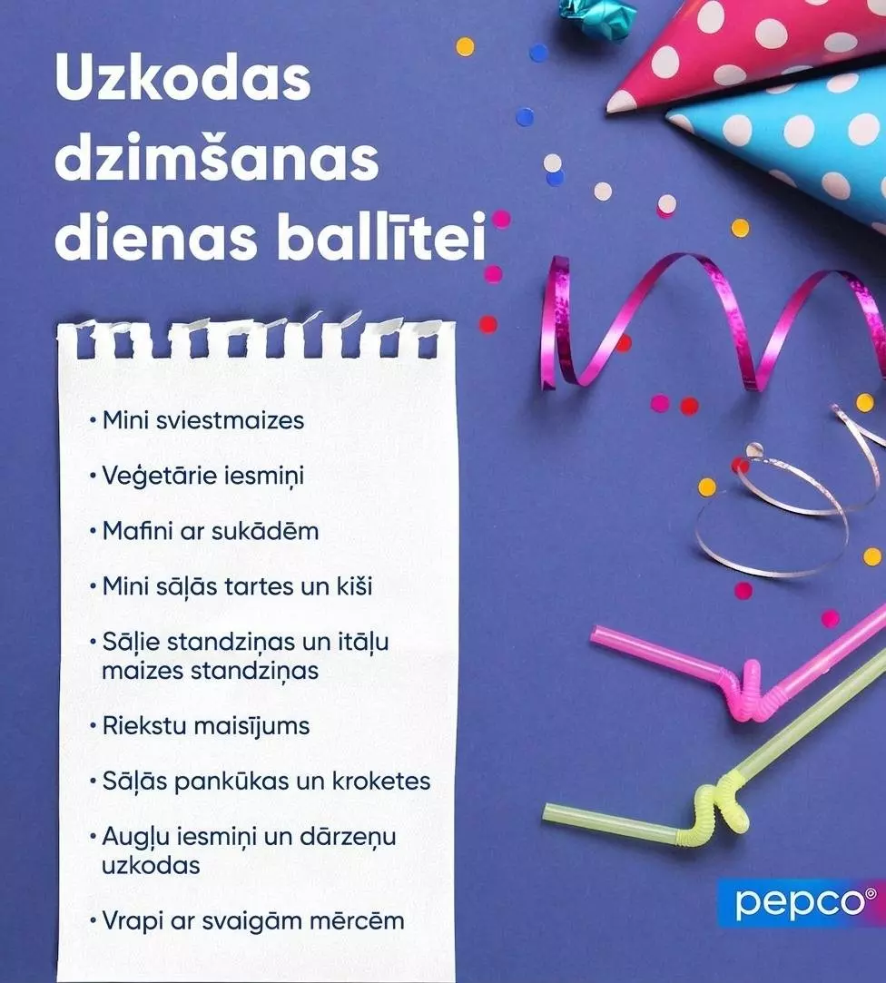 Dzimšanas dienas ballīšu plānošanas saraksts ar krāsainām dekorācijām un Pepco logo.