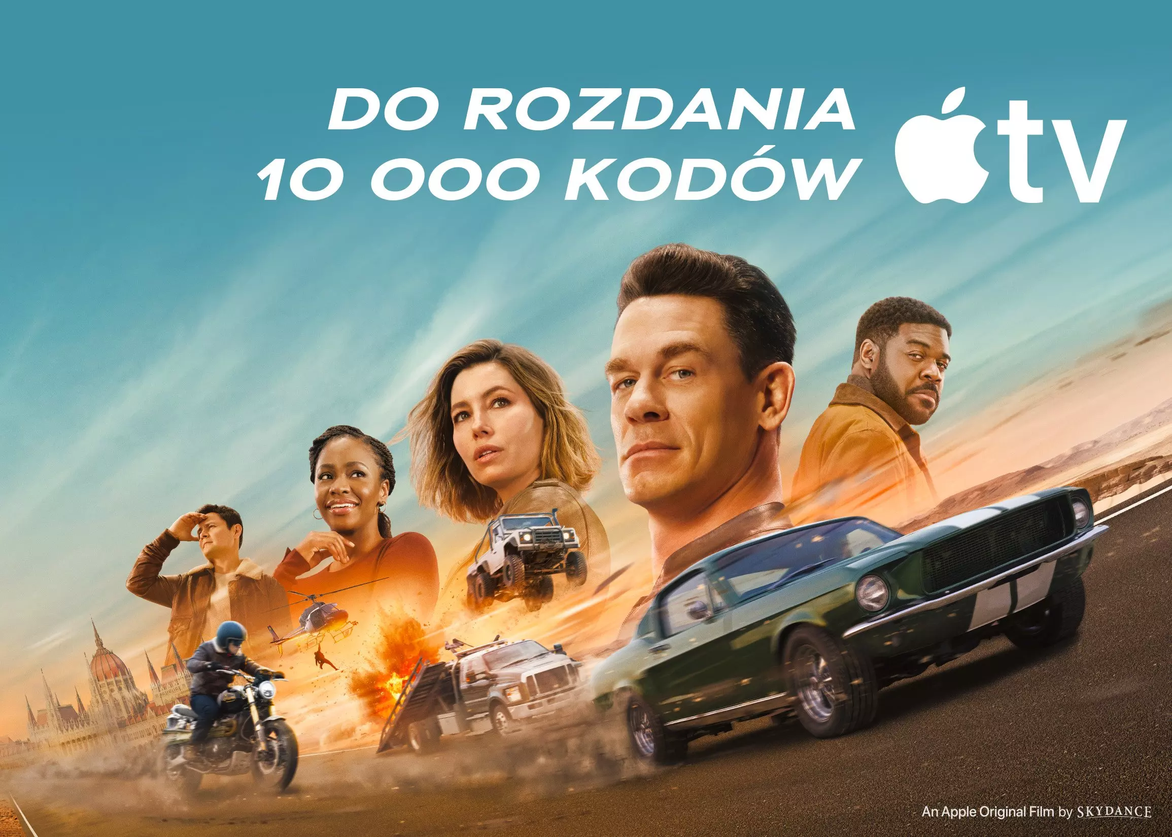 Pepco promotional image featuring Apple TV giveaway with action film poster showing cars and explosions.