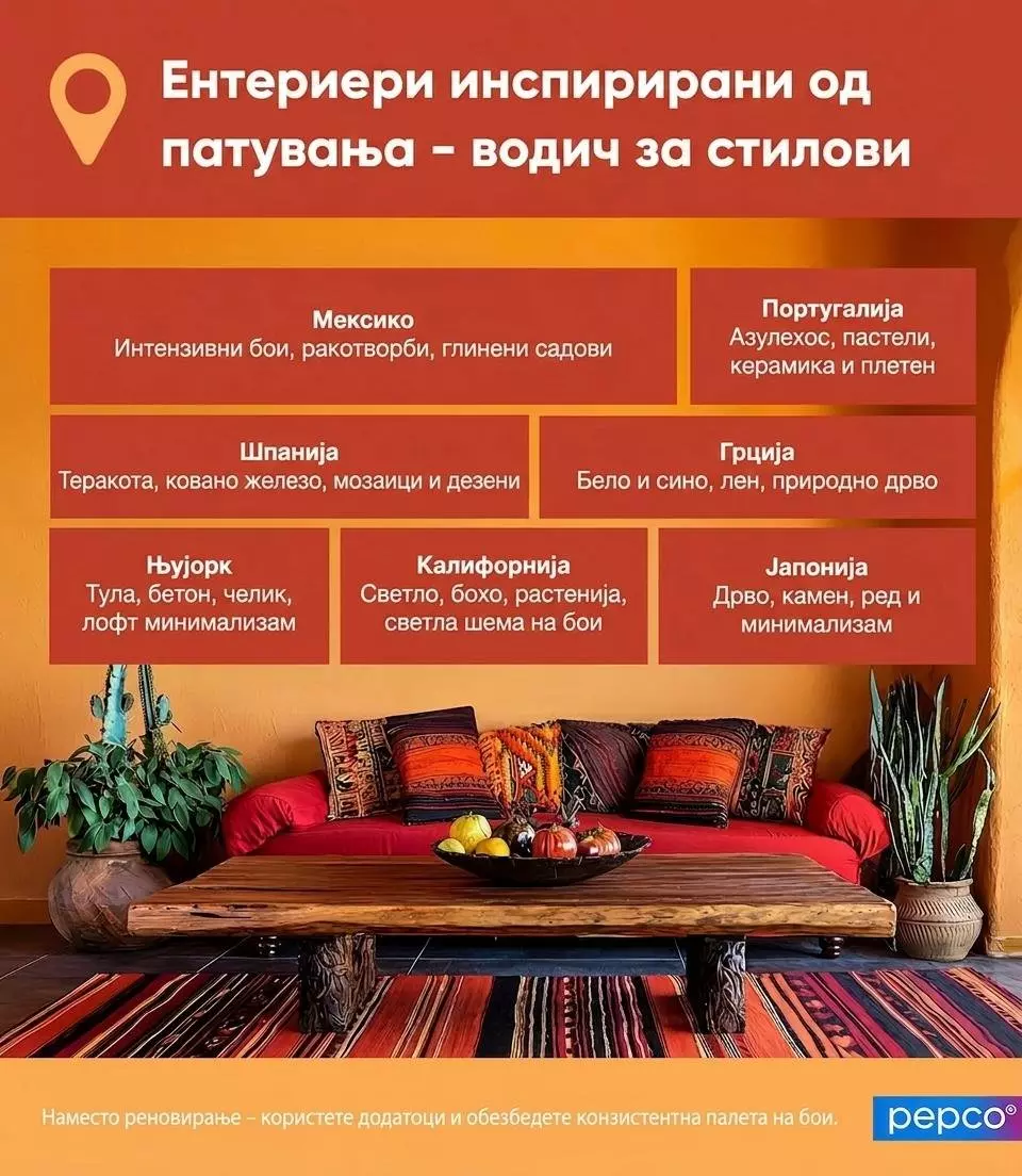Pepco водич за ентериер стилови со црвена софа, дрвена маса и декоративни перничиња.