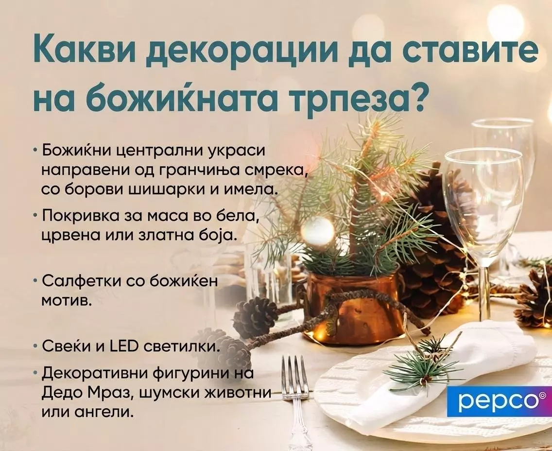 Pepco божиќна трпеза со декорации од борови гранки, шишарки, свеќи и стаклен прибор.