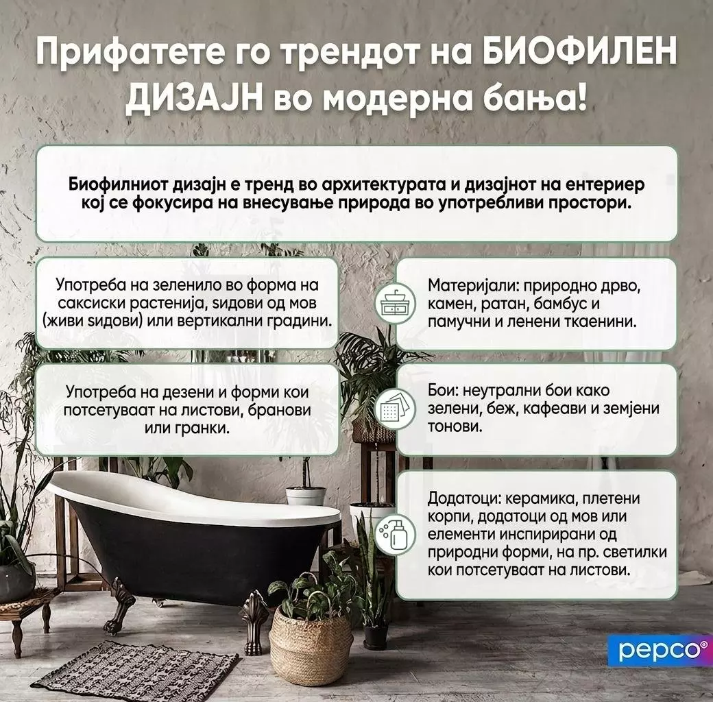Pepco банја со биофилен дизајн со растенија, природни материјали и неутрални бои.