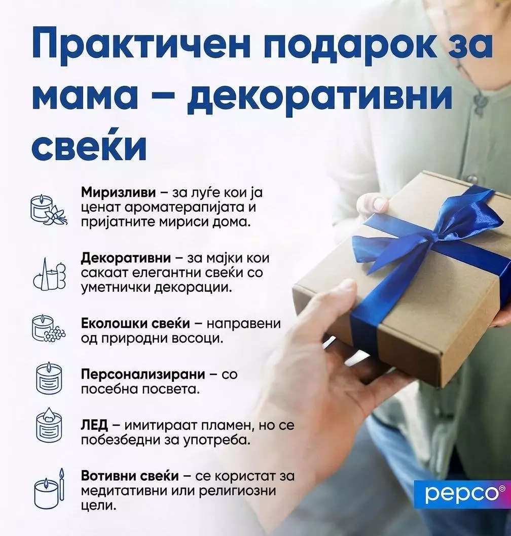 Pepco подарок со сина лента држи жена, текст за декоративни свеќи како подарок за мама.