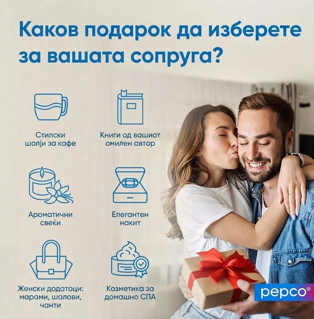 Pepco водич за подароци за сопругот со пар што држи подарок и икони на производи.