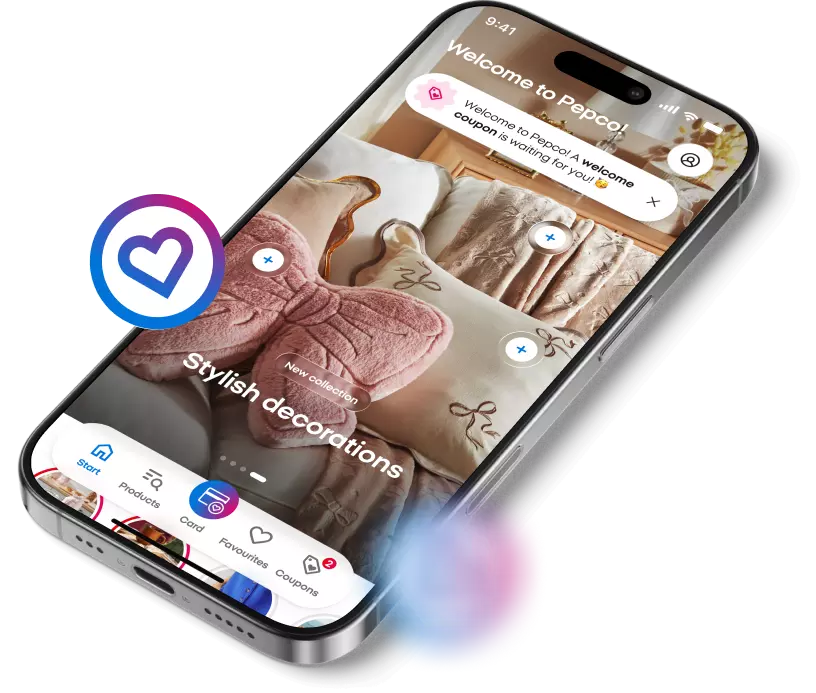 Smartphone displaying Pepco app with home decorations including a pink cushion and heart icon overlay.