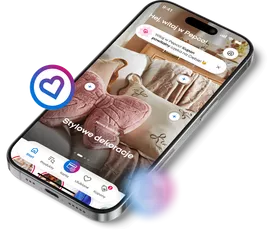 Smartfon wyświetlający aplikację zakupową z dekoracjami domowymi i ikoną serca po lewej stronie.