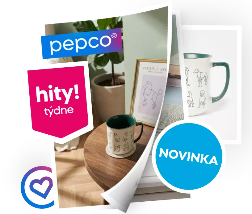 Hrnek s motivem psích plemen na dřevěném stolku vedle zarámovaného obrázku pudla.