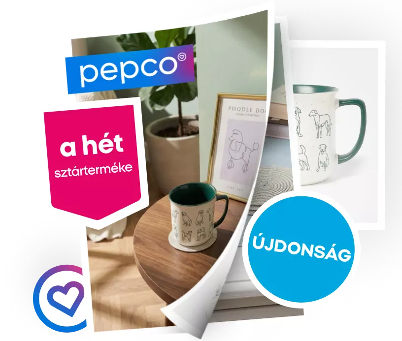 Kutyafajta mintázatú bögre és doboza fa asztalon növény mellett, Pepco márkajelzéssel.