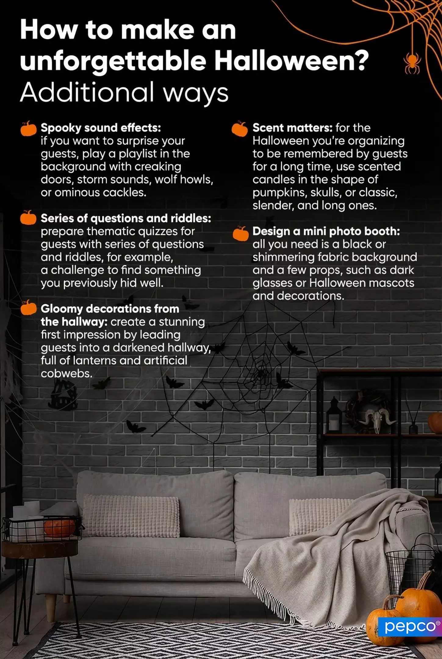 Pepco Halloween guide showing spooky decor ideas with a cozy living room featuring cobwebs, pumpkins and Halloween tips.