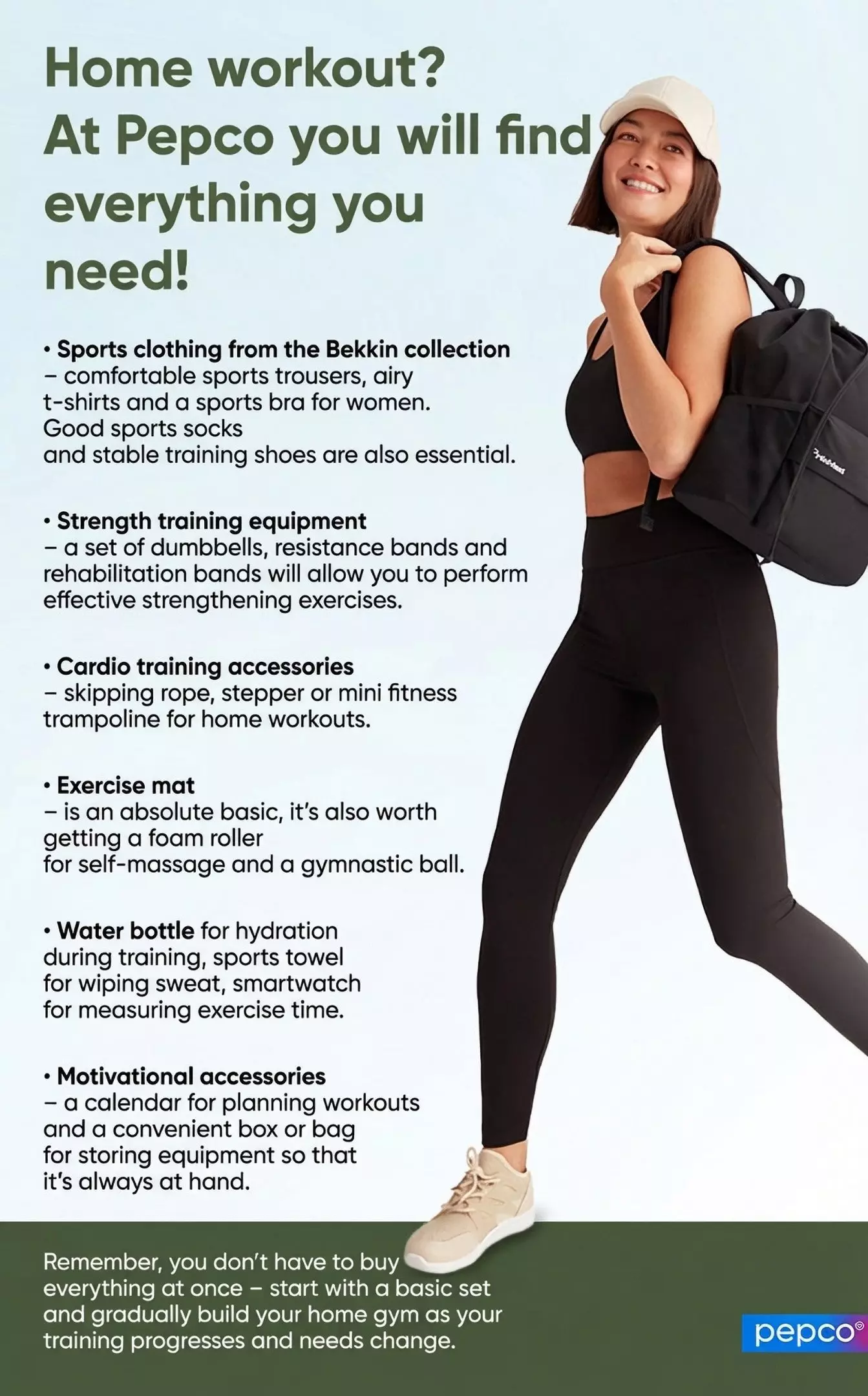Pepco advertisement showing a person in black workout clothing with a gym bag, promoting home workout essentials from the Bekkin collection.