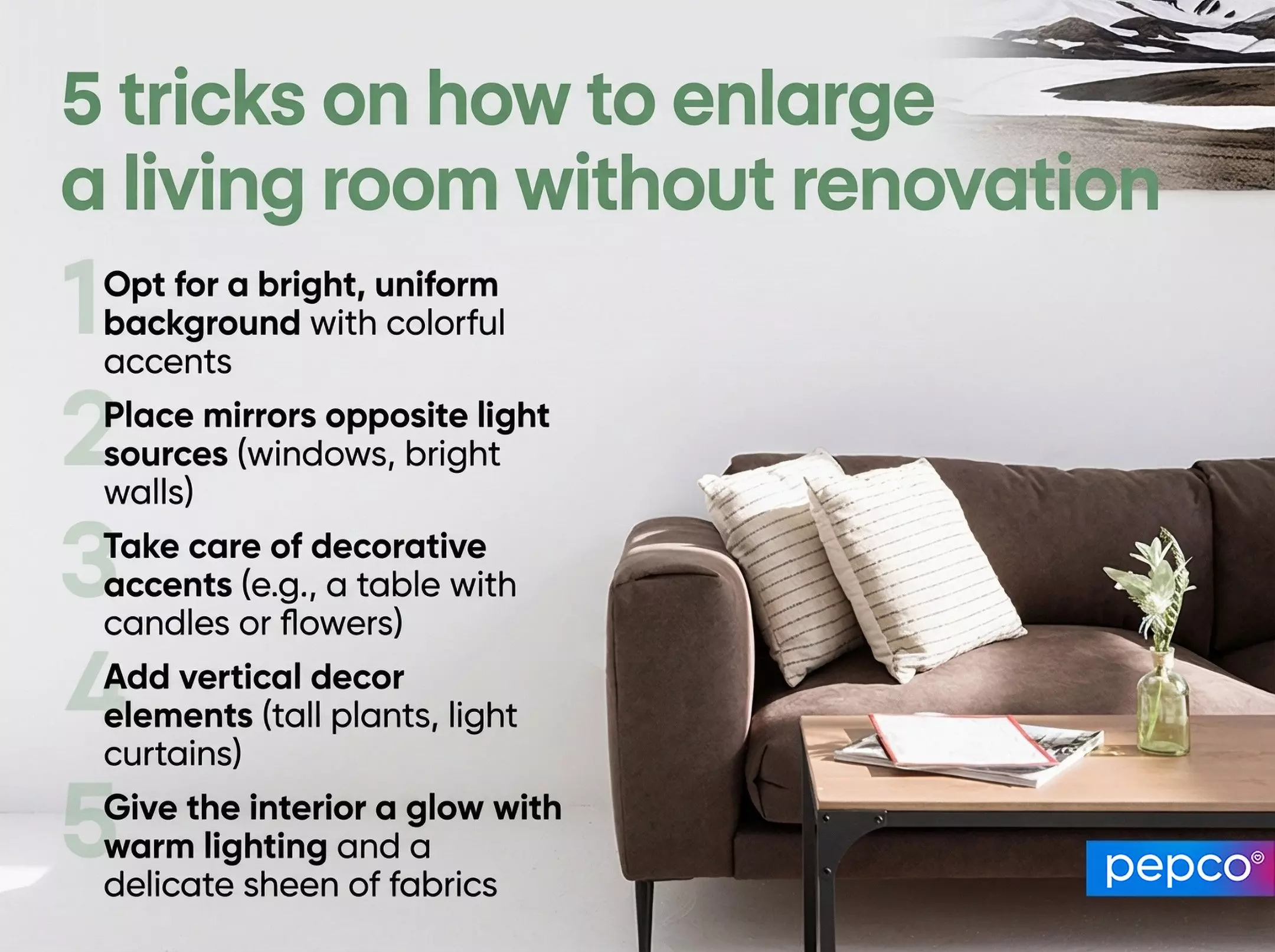 Pepco infographic showing 5 tricks to visually enlarge a living room, featuring a brown sofa with cushions and coffee table.