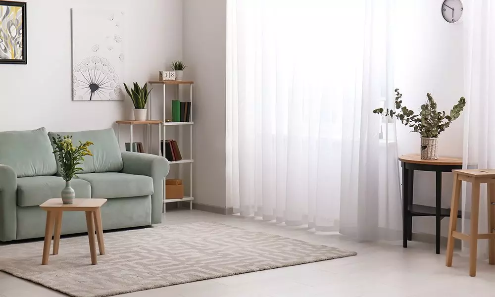 Jasny salon z miętową sofą Pepco, drewnianym stolikiem, regałem na książki i roślinami w doniczkach, uzupełniony dywanem.