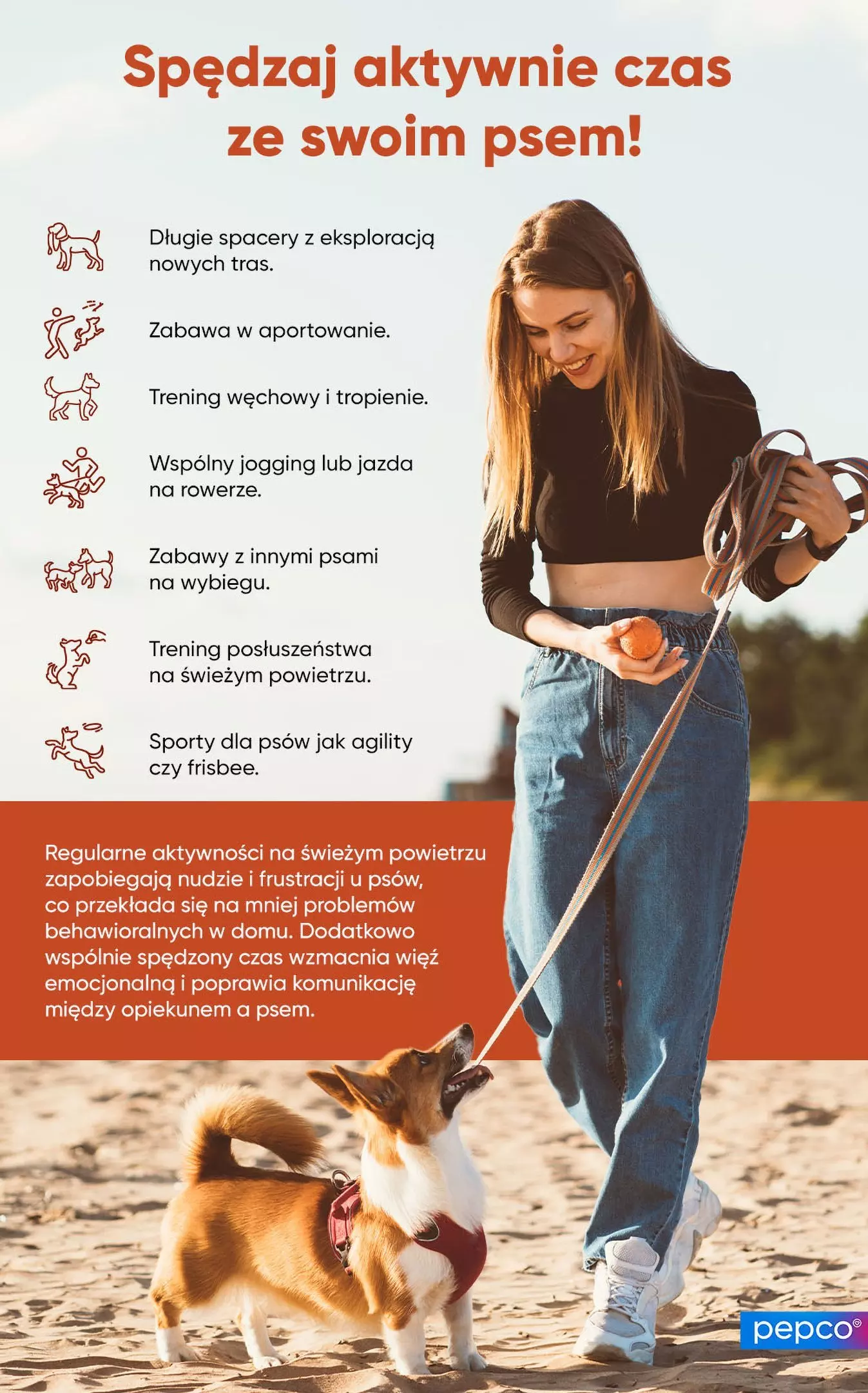 Pepco plakat promujący aktywne spędzanie czasu z psem, przedstawiający osobę na plaży z małym psem i piłką, z listą aktywności.