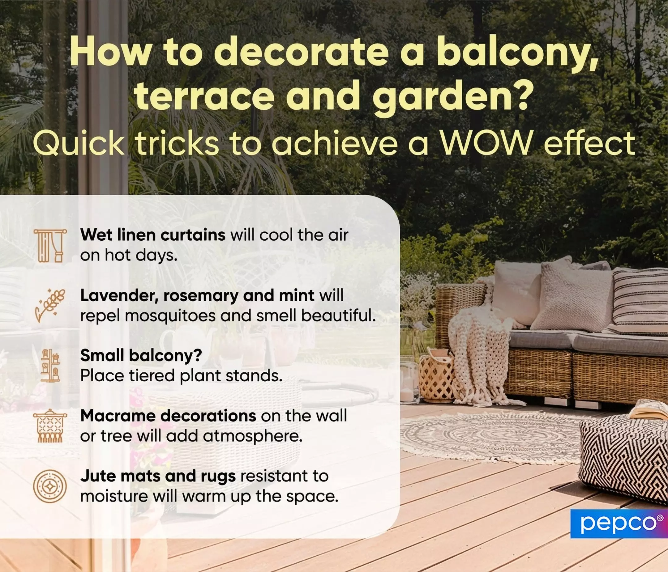 Pepco infographic showing tips for decorating outdoor spaces with a cozy terrace setup featuring wicker furniture and decorative textiles.