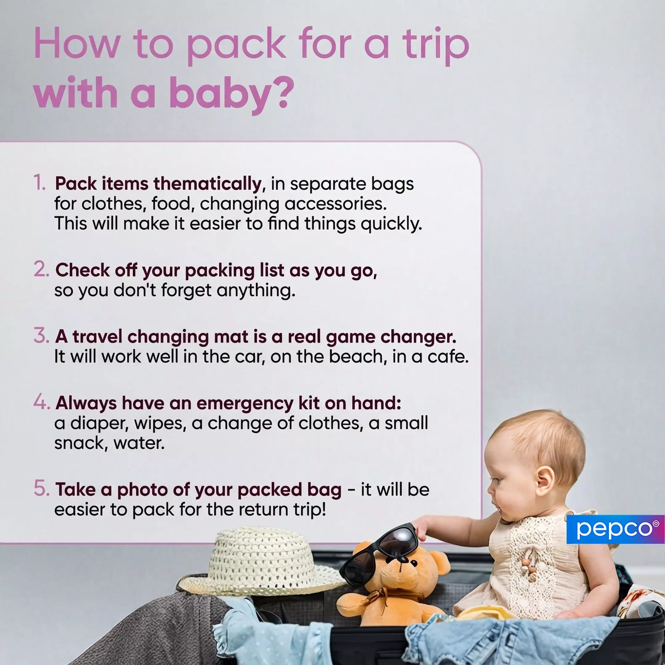 Pepco infographic showing five tips for packing for a trip with a baby, featuring a baby sitting in a suitcase with travel items.
