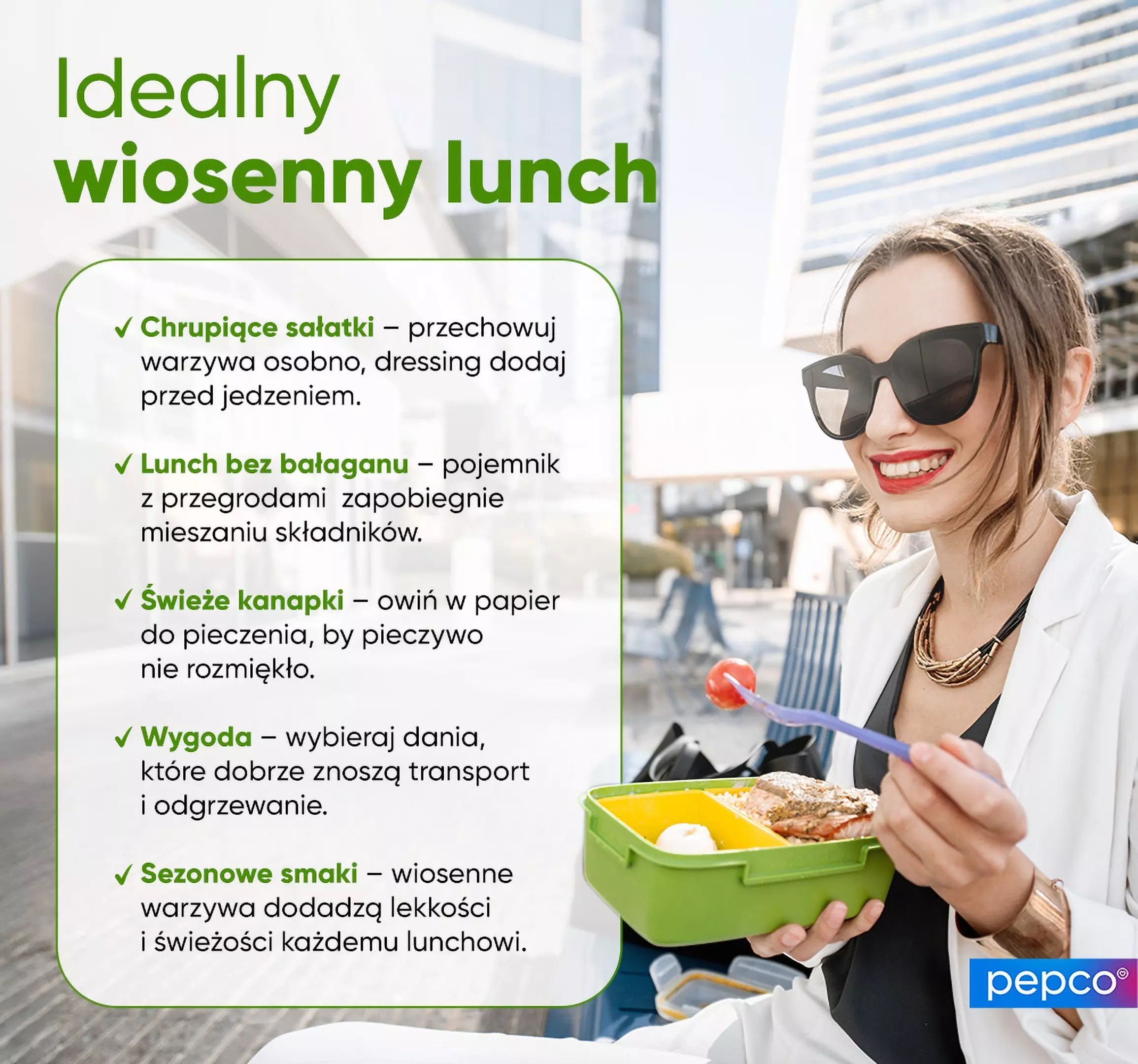 Kobieta w białej marynarce jedząca lunch z pojemnika Pepco, obok wskazówki dotyczące idealnego wiosennego lunchu.