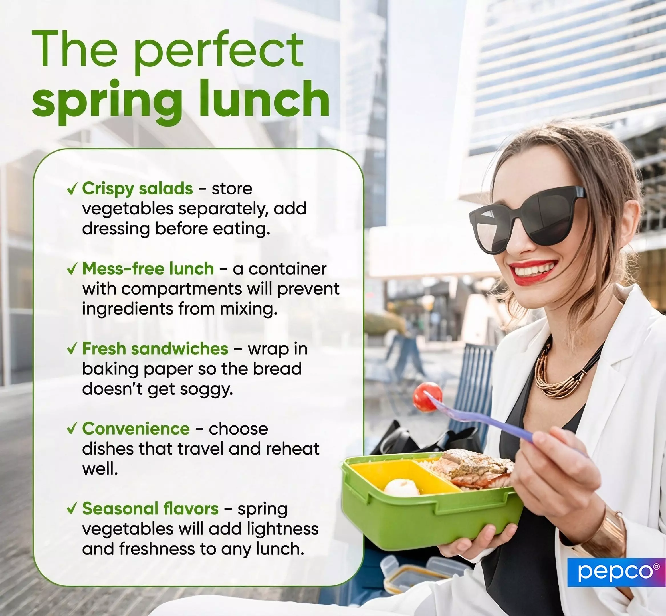 Pepco spring lunch guide showing a person enjoying a compartmentalized lunch container with tips for fresh, mess-free meals.