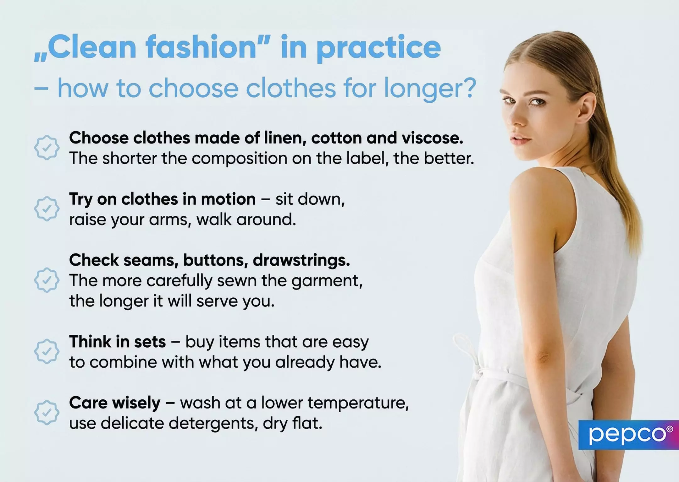 Pepco infographic showing clean fashion tips with a person wearing a white sleeveless dress alongside sustainable clothing advice.