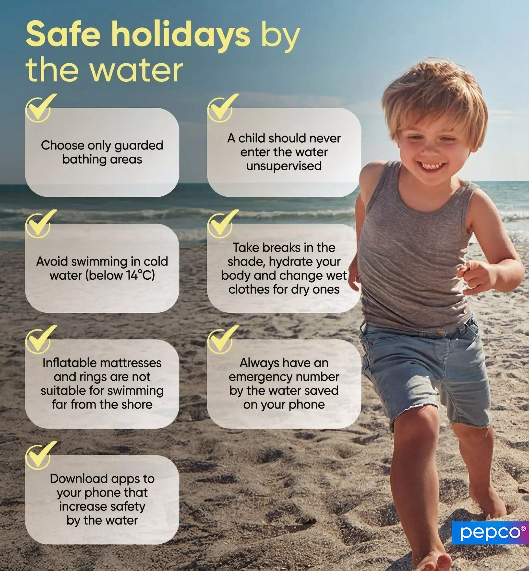 Pepco safety infographic showing child on beach with seven water safety tips including supervised swimming and emergency preparedness.