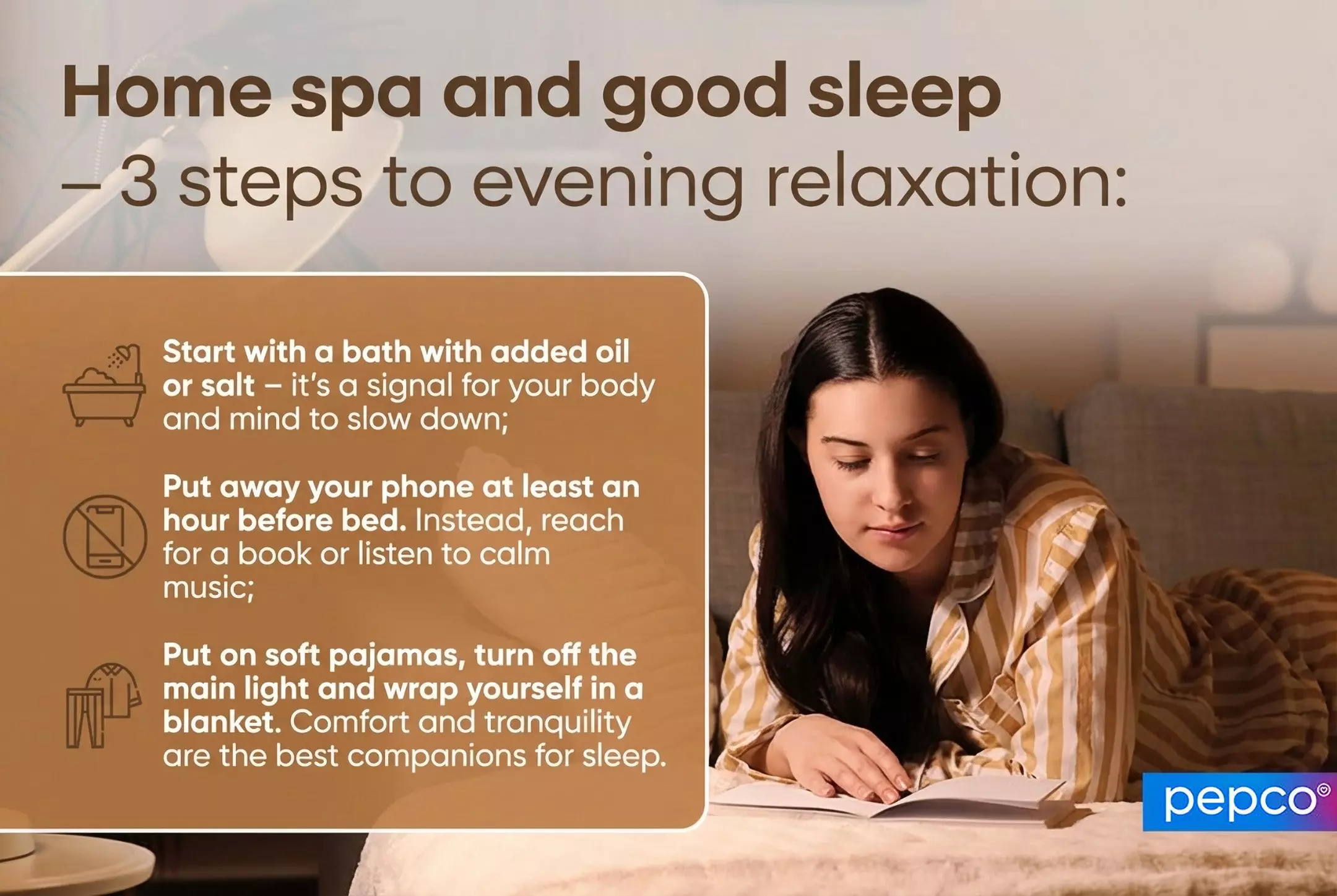 Pepco home spa infographic showing 3 steps for evening relaxation with a person in striped pajamas reading a book.