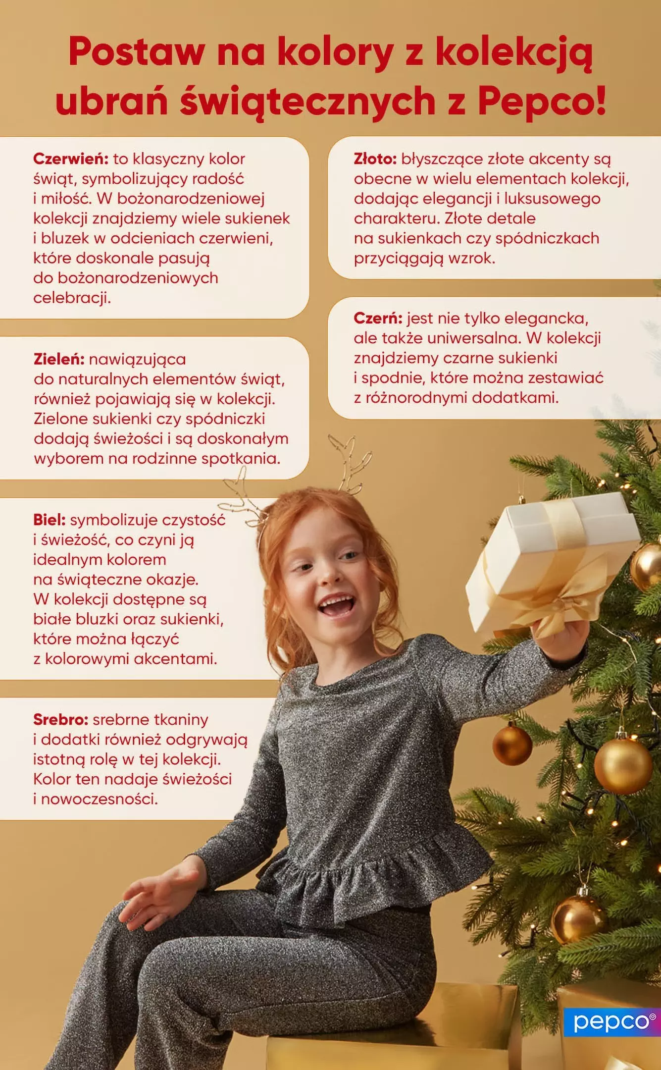 Dziewczynka w błyszczącej sukience Pepco trzyma prezent, siedząc obok choinki. Plakat opisuje kolory świątecznej kolekcji.