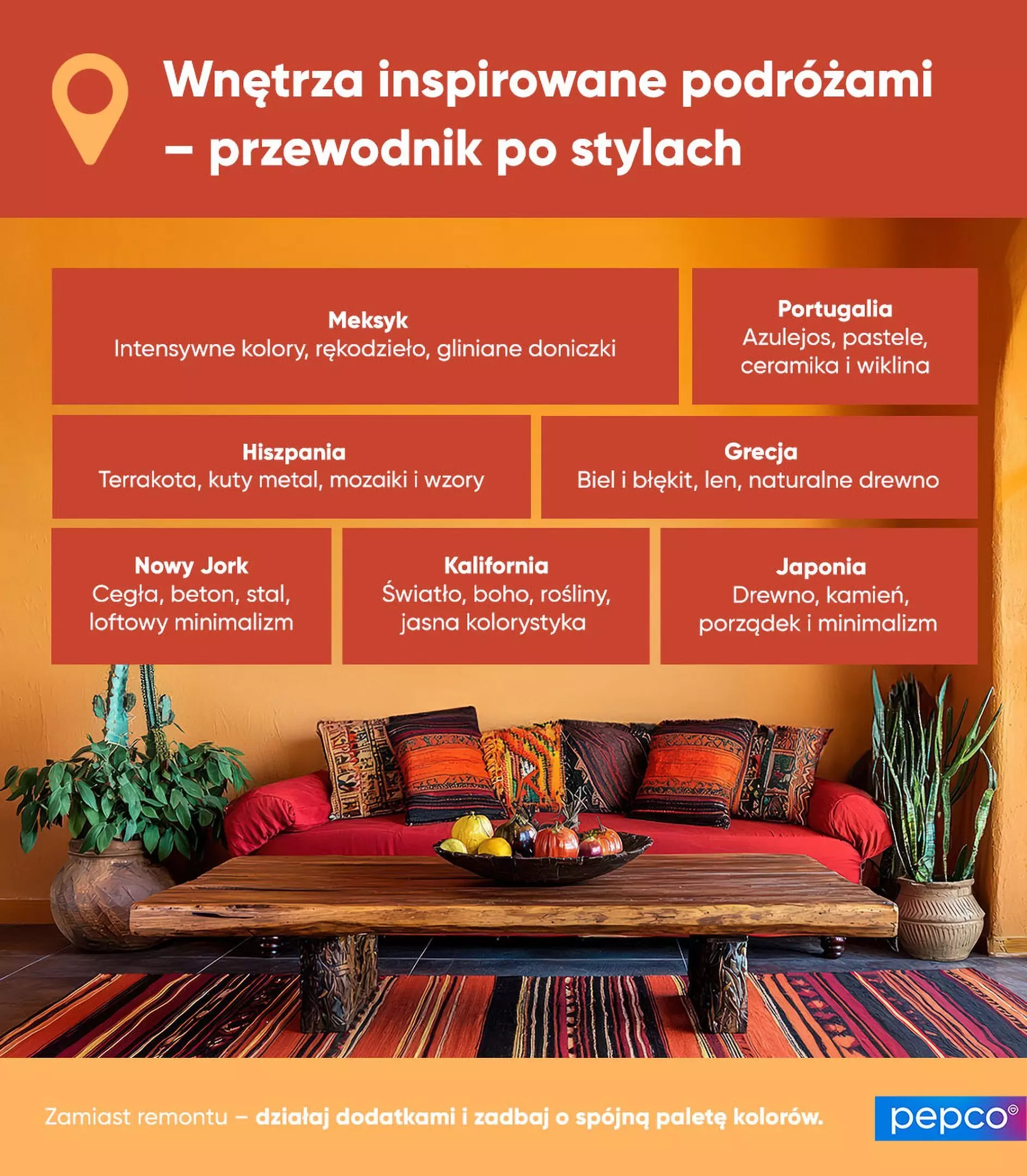 Przewodnik po stylach wnętrz Pepco inspirowanych podróżami, prezentujący meksykański salon z czerwoną kanapą i drewnianym stolikiem.
