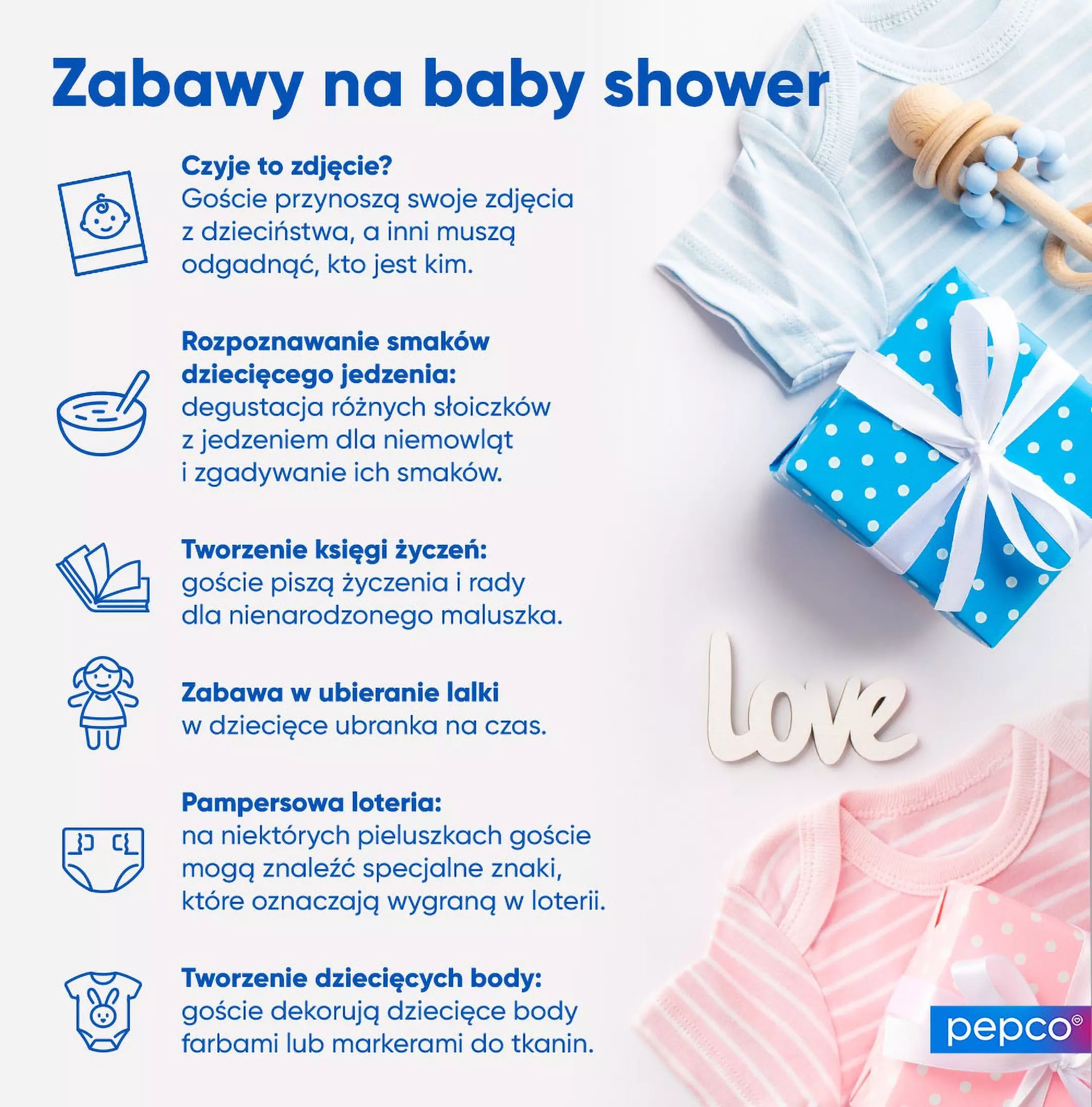 Pepco plakat z pomysłami na gry na baby shower, pokazujący ubranka dziecięce, prezent i drewnianą grzechotkę.