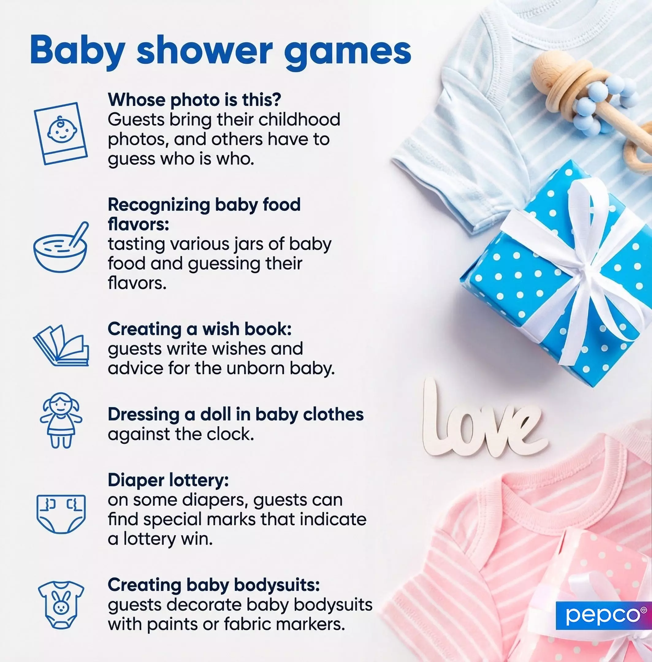 Pepco baby shower games infographic with blue and pink baby clothes, wooden rattle, gift box, and love decoration displayed alongside game ideas.