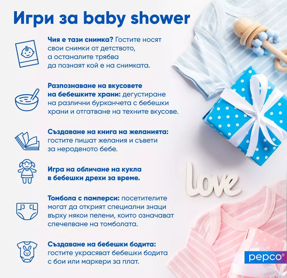 Инфографика с идеи за baby shower игри, показваща бебешки дрехи, подарък и дървена дрънкалка.