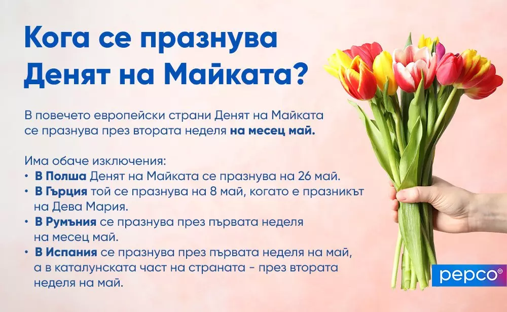 Ръка държи букет от цветни лалета на розов фон до информационен текст на български език.