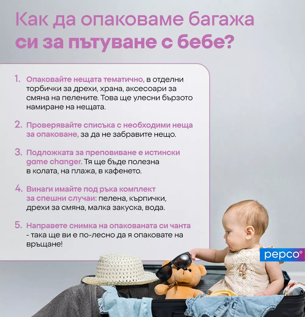Бебе седи в куфар с играчки и дрехи, илюстрация на съвети за опаковане за пътуване от Pepco.