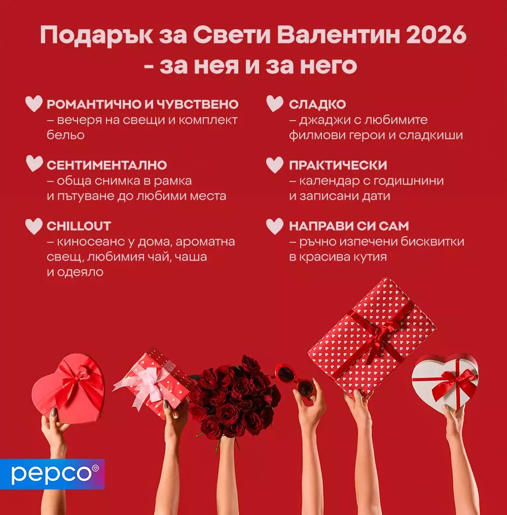Ръце държат подаръци за Свети Валентин - кутии с панделки, рози и кафе на червен фон.