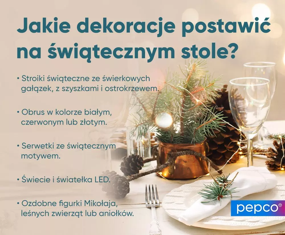 Pepco poradnik dekoracji świątecznego stołu z listą pomysłów oraz zdjęciem elegancko nakrytego stołu z gałązkami świerku i szyszkami.