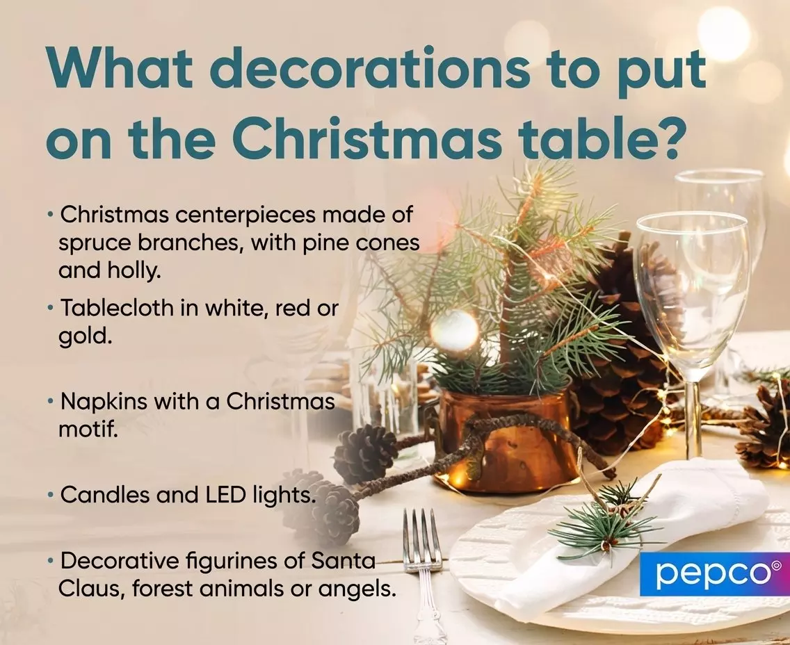 Pepco infographic showing Christmas table decoration ideas with an elegant table setting featuring pine cones, spruce branches and glassware.